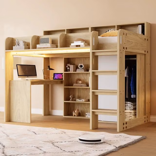 Letto a soppalco 90x200 cm con scrivania; armadio e LED in MDF colore naturale