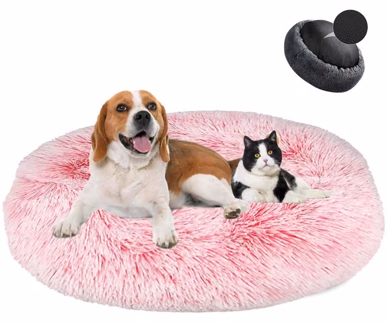 Cuccia per cani a forma di ciambella, in peluche, lavabile, morbida, color rosa sfumato, diametro 40 cm