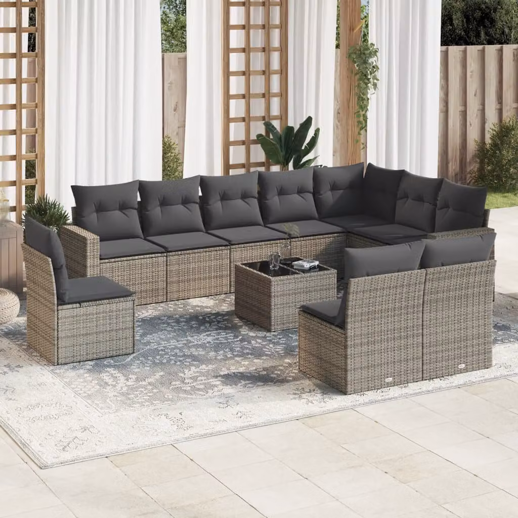 vidaXL Set Divani da Giardino 11 pz in Polyrattan Grigio con Cuscini e Tavolino – 1