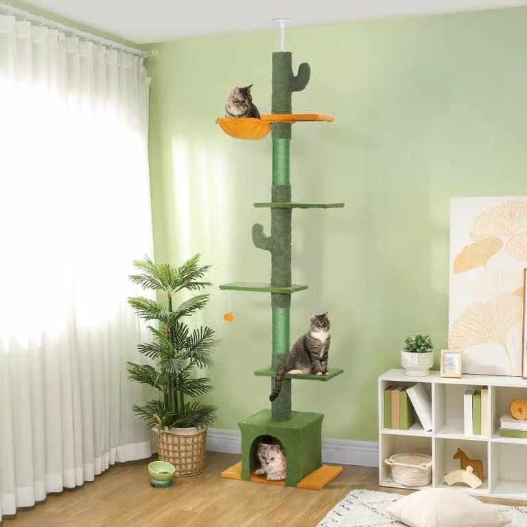Albero per gatti da montare a soffitto, con tiragraffi e amaca | Colore: Verde | Dimensioni: 34x55x230-275 cm