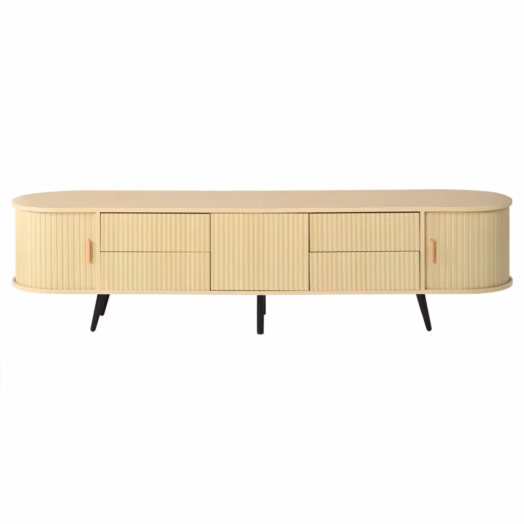 Mobile TV Minimal in legno colore marrone e beige con 4 cassetti per soggiorno, supporto fino a 80 pollici, L: 180 cm, P: 40 cm, H: 45 cm – 2