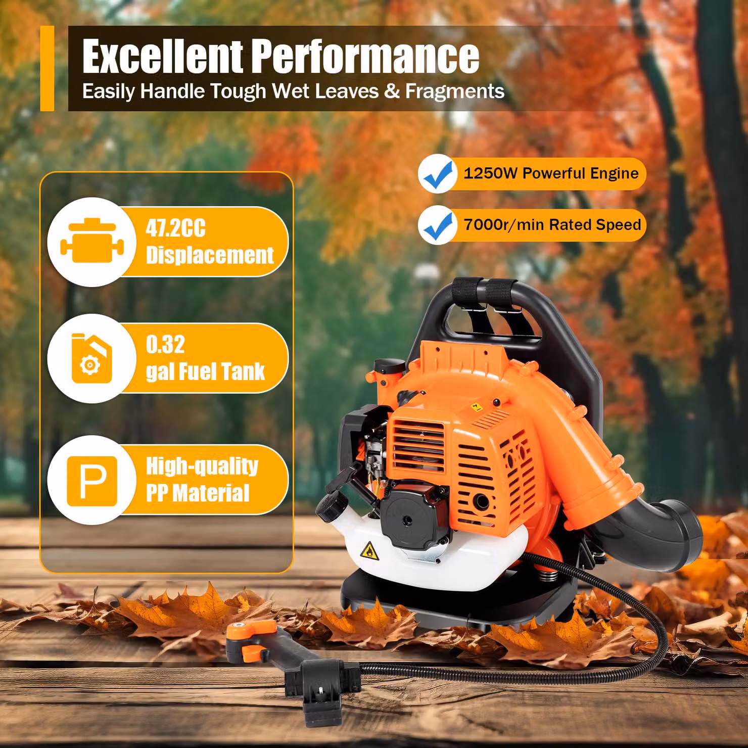 Zaino motosega - 42,7 cc, alimentazione a benzina - 1250 W di potenza - Materiale: plastica PP e acciaio inossidabile - Colore: arancione e nero