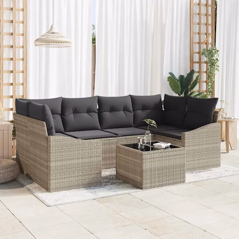 Set di divani da giardino vidaXL in rattan e metallo con cuscini, grigio, 7 pezzi