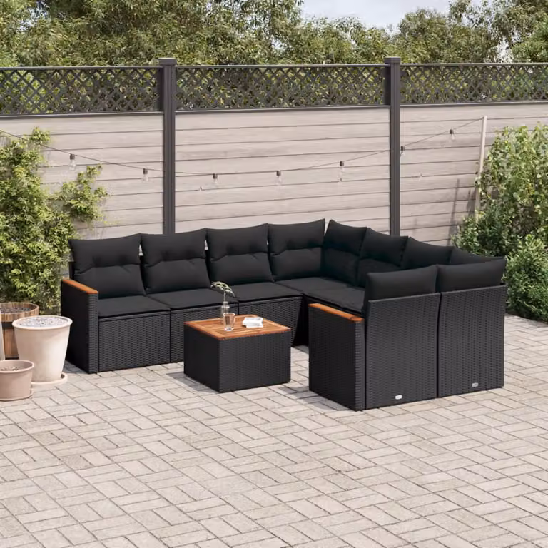Set di divani da giardino vidaXL 9 pezzi in polyrattan nero con cuscini e tavolino da esterno a forma di U
