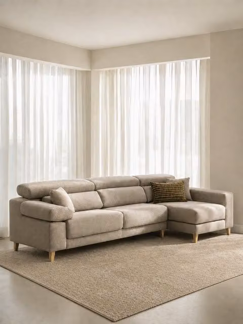Divano Air Kenay Home con chaise longue destra, 4 posti, colore perla, reclinabile ed estraibile, L: 298 cm
