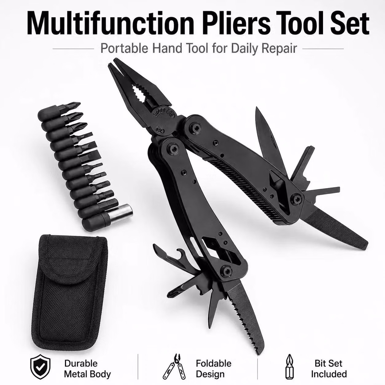 Set di pinze multifunzione - Utensile multifunzione pieghevole - Set di punte per cacciavite - Custodia per il trasporto - Adatto per destrorsi - Ideale per lavori di bricolage e riparazioni domestiche, campeggio e manutenzione della bicicletta