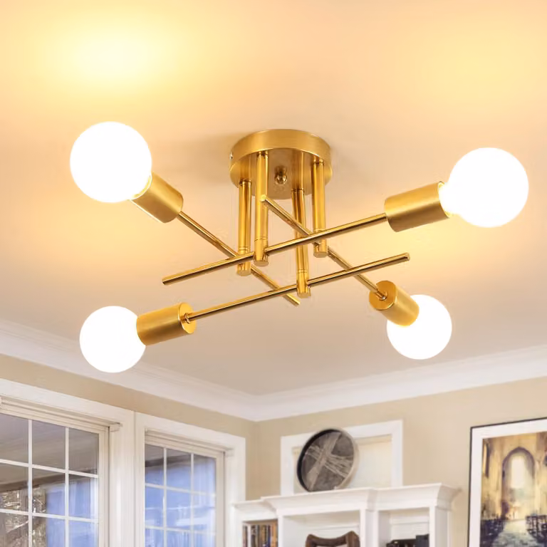 Lampada a soffitto vintage Comely, 4 luci, stile industriale, colore oro, attacco E27 – Oro - 4 luci, 43 cm