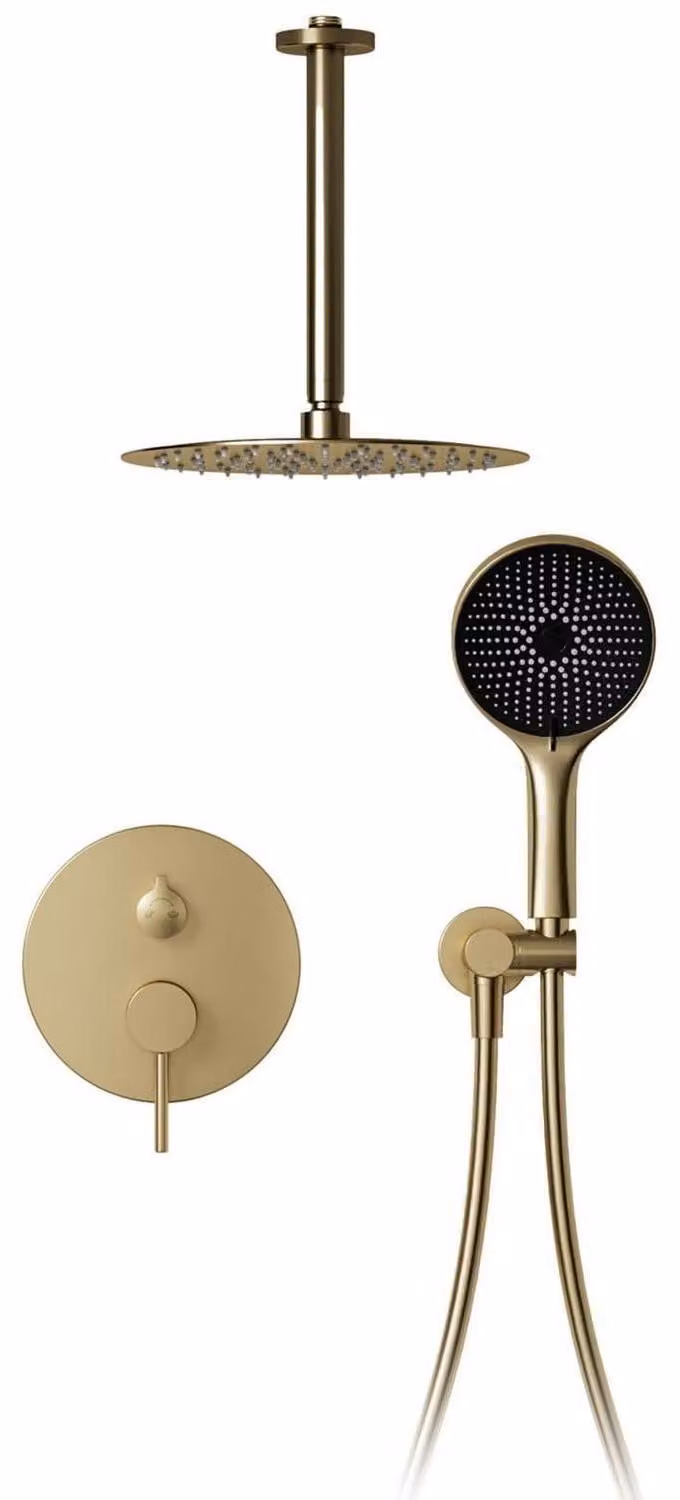 Sistema doccia da incasso, finitura oro spazzolato, diametro 30 cm, soffione in ottone/acciaio inossidabile