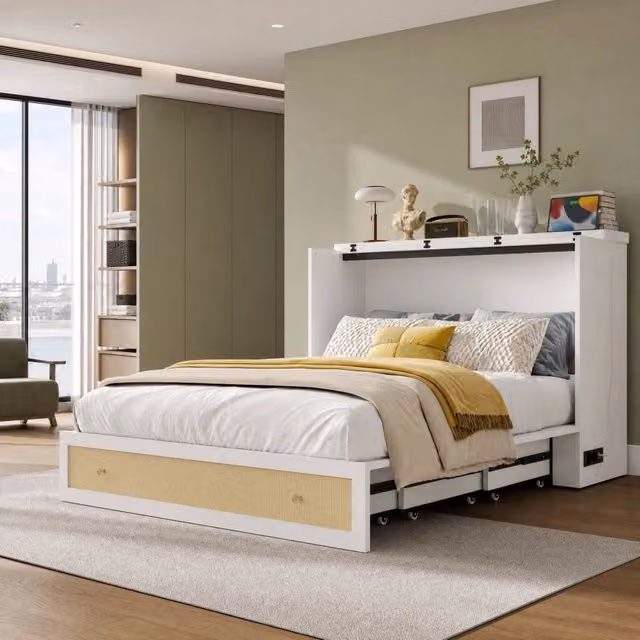 Letto a scomparsa Mivray trasformabile in armadio con cassetto, porta USB e ripiano, colore bianco, L/P/H: 140 x 200 x 102 cm