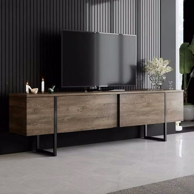 Mobile porta TV moderno DMORA con cassetti in legno e metallo, Marrone e Nero, L: 180 cm, P: 30 cm, H: 50 cm
