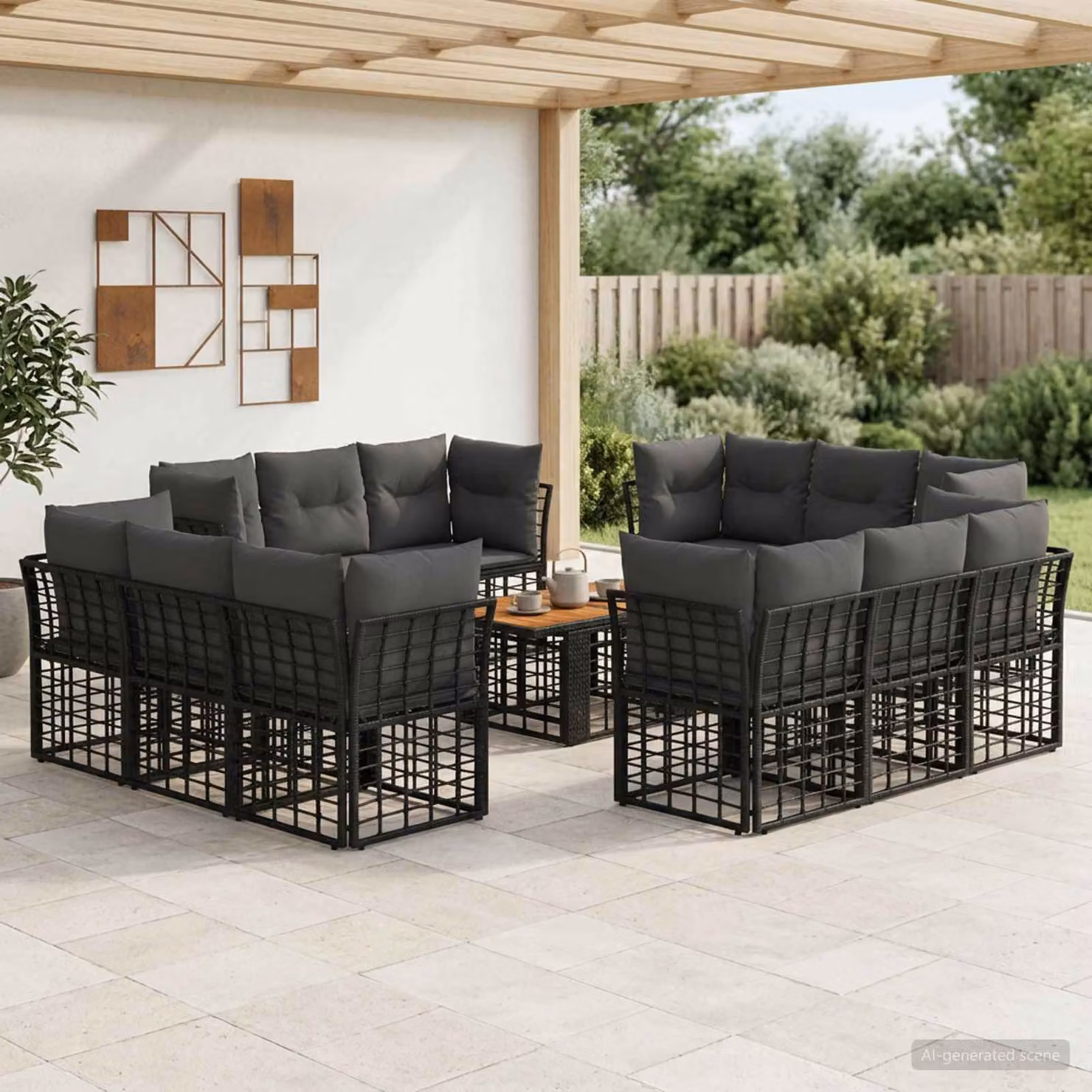 Set Divano da Giardino vidaXL in Polyrattan 13 Pezzi con Tavolino e Cuscini, Design Moderno a L, Nero e Grigio