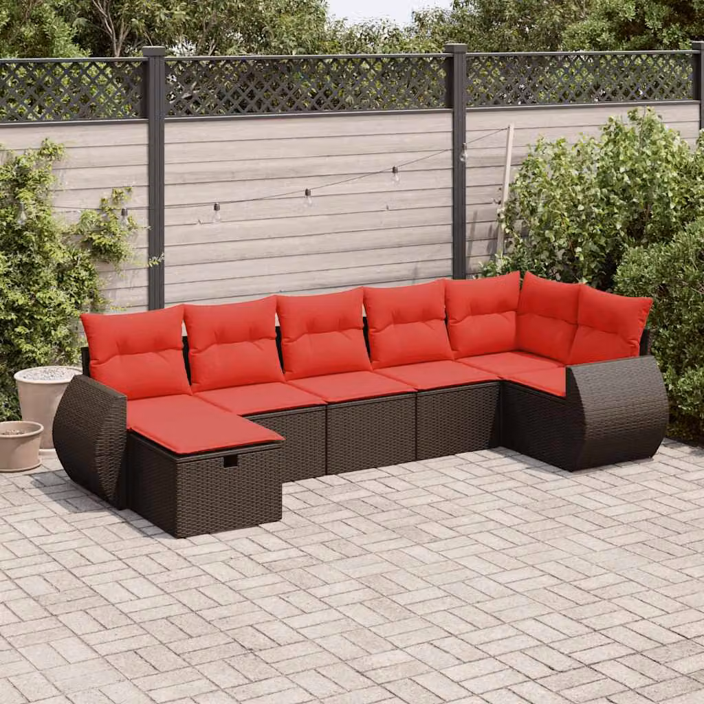 Set di divani da giardino vidaXL 7 pz in rattan marrone con cuscini e struttura in metallo a forma di L
