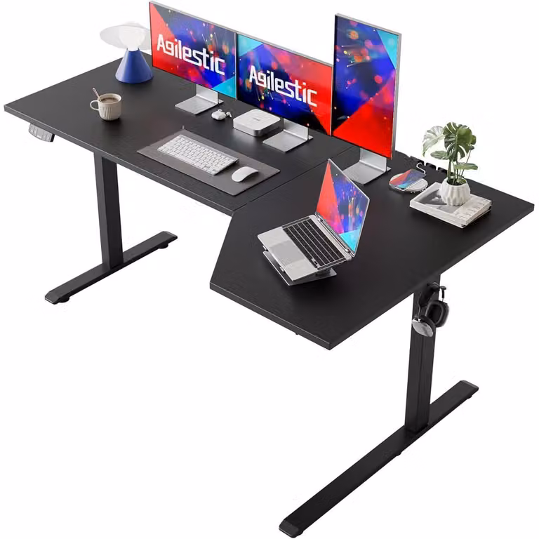 Scrivania regolabile in altezza, elettrica, a forma di L, 160 cm, adatta sia per lavorare seduti che in piedi, ideale per l'ufficio domestico, per computer, con piano in materiale composito, colore nero, dimensioni 160 x 90 cm