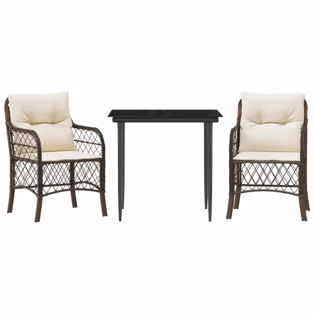 Set Bistrò vidaXL 3 pz in Polyrattan Marrone con Cuscini e Tavolo in Vetro per Giardino e Balcone – 2