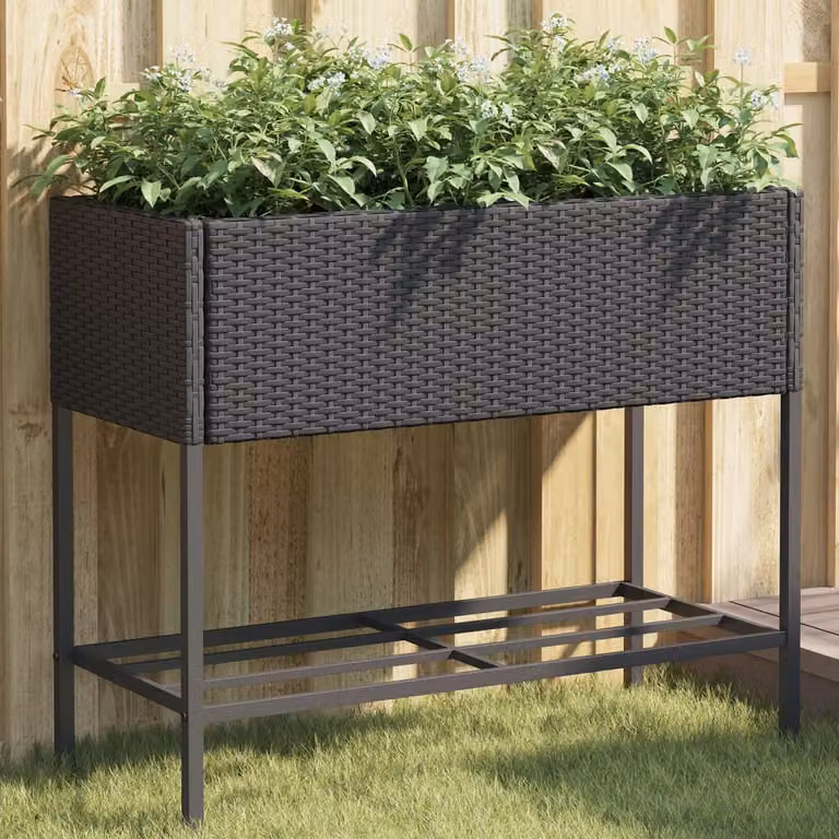 Fioriera da giardino con ripiano vidaXL in polyrattan nera con struttura in acciaio e plastica