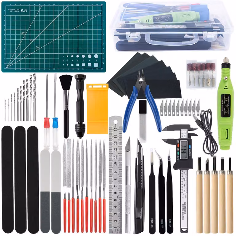 Kit di strumenti per modellismo da 85 pezzi, completo di pinzette, lime e calibro
