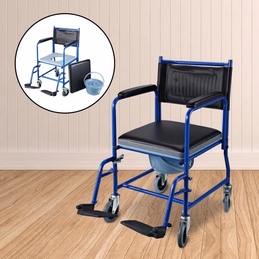 Sedia a rotelle da bagno Benzoni con braccioli e vaso rimovibile in metallo nero e blu H: 85 cm, L: 53 cm, P: 83 cm – 2