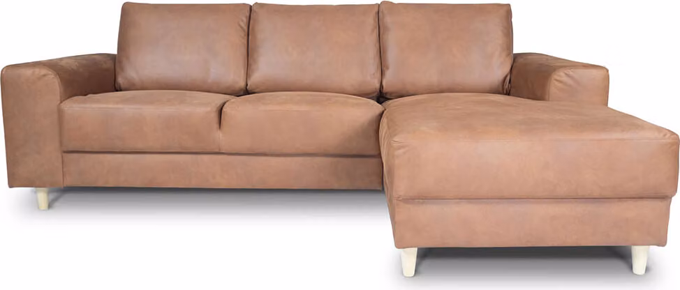 Divano nordico con chaise longue girato a destra in pelle color cognac.