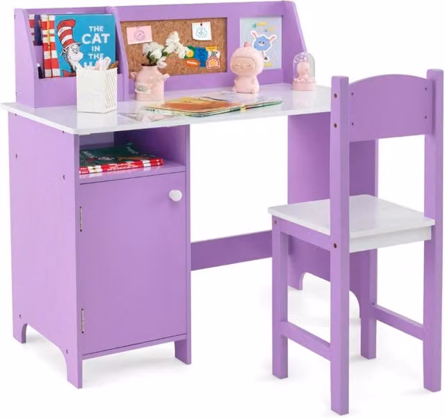 Set di scrivania e sedia per bambini in legno con scaffale armadietto bacheca, Postazione di scrittura Viola-Tavoli e sedie