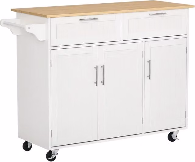 Carrello da Cucina Multiuso in Legno con 2 Cassetti, 3 Antine e 4 Ruote 121x46x91cm - Bianco