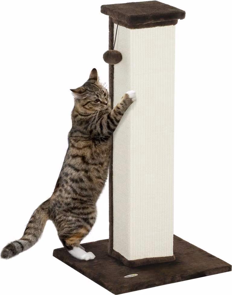 PawHut Cat Scratching Post 81 cm albero per gatti in sisal e peluche, tiragraffi con palla appesa base stabile, tiragraffi dal design moderno 41 x 41 x 81 cm, marrone e crema