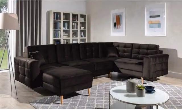 Divano angolare panoramico convertibile U HASGARD MEUBLORAMA marrone scuro in velluto con vano contenitore e funzione letto L: 326 cm – 1