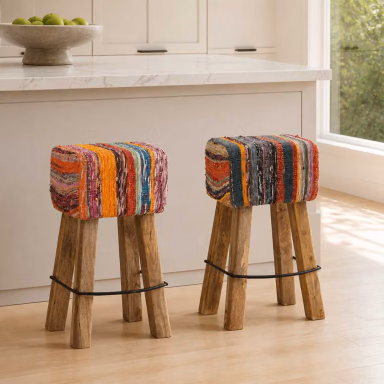 Set di 2 sgabelli da bar vidaXL in pelle e legno di mango con design astratto multicolore L/P/H: 44 x 33 x 74 cm
