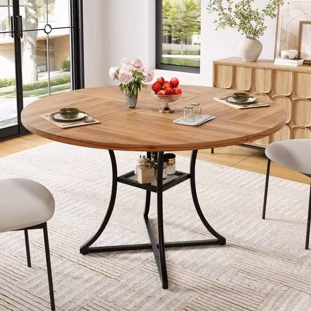 Tavolo da pranzo rotondo da 100 cm per 4-6 persone, piano in MDF effetto noce, robusta struttura in metallo nero con design a X, vano contenitore inte