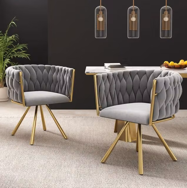 Set da 4 Sedie da Pranzo in Velluto con Gamba in Metallo, Girevoli a 360°, Grigio e Oro