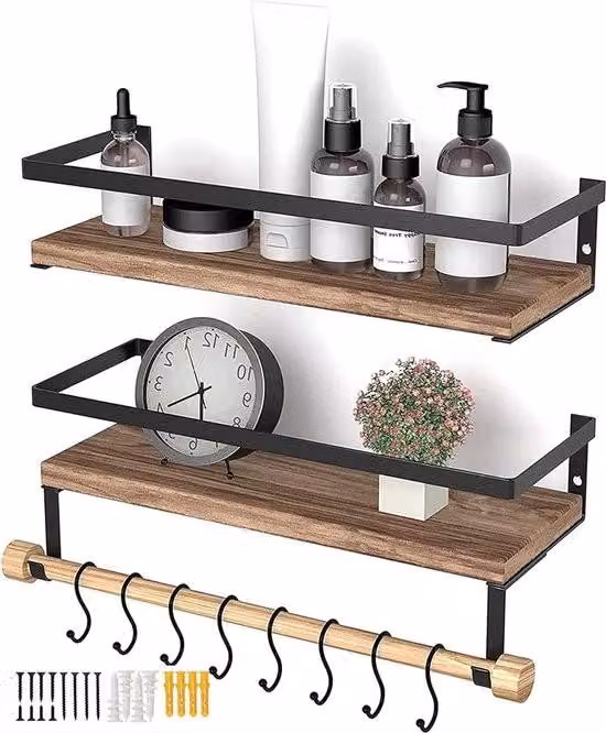 Mensola galleggiante da parete - Mensola in legno per la cucina - Mensola in 2 pezzi con porta asciugamani e 8 ganci - Ideale per il bagno del soggiorno - Mensola da caffè per la decorazione della parete