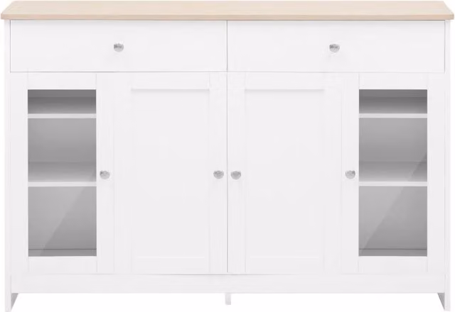 Credenza in stile country con 4 ante e 2 cassetti in MDF, bianco e legno, L 120 cm x P 37 cm x H 80 cm