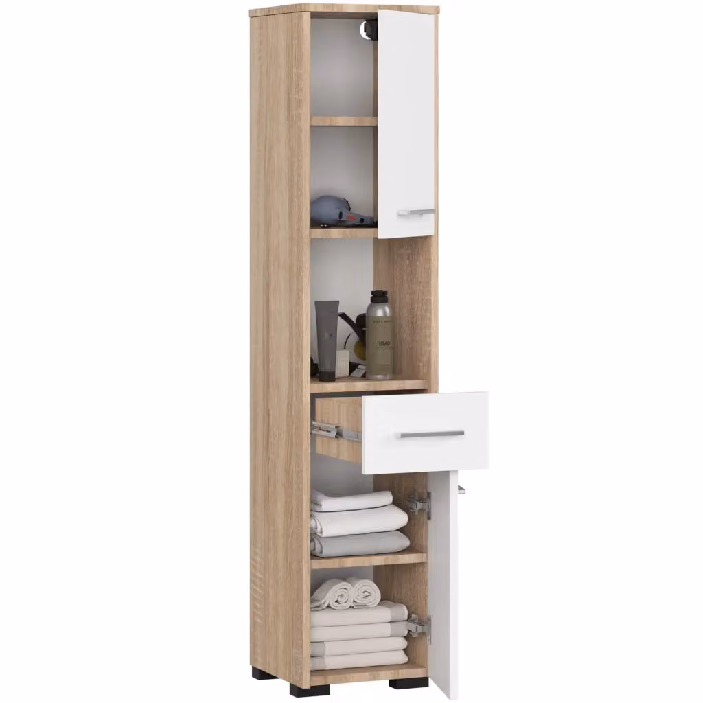Colonna da bagno AKORD FIN Sonoma Quercia con 2 ante e 1 cassetto, inserto frontale bianco, L/P/H: 30 x 30 x 140 cm – 2