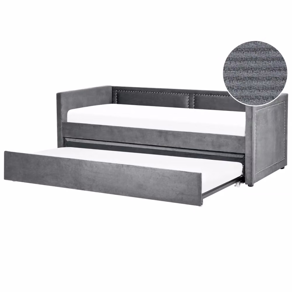 Letto da giorno estraibile BELIANI in velluto a coste grigio con rete a doghe e testiera decorata L/P/H: 200 x 90 x 84 cm – 2