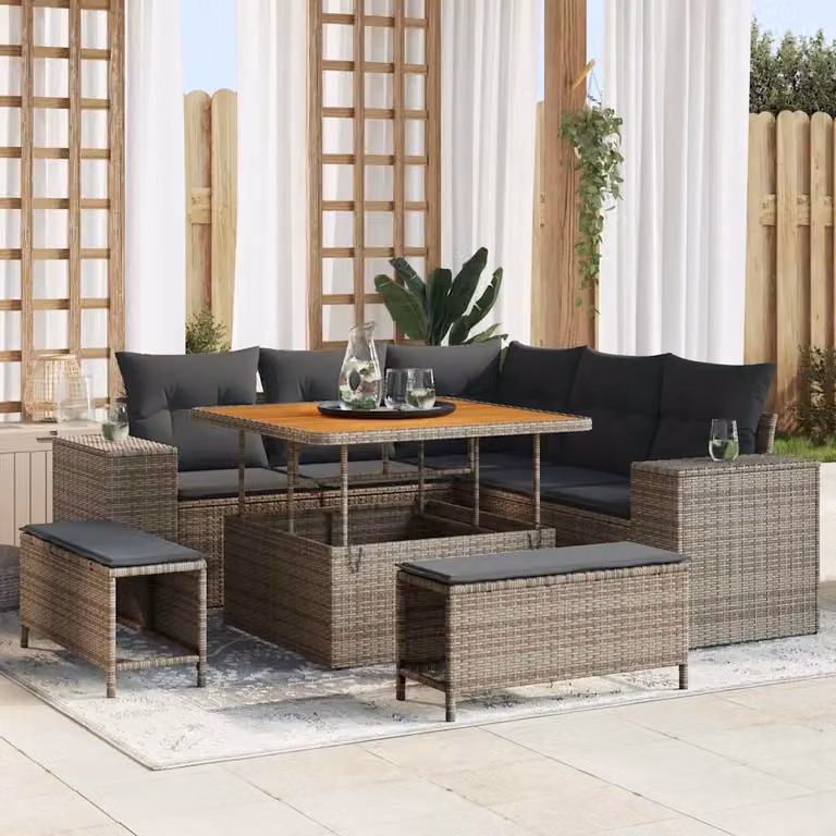 Set Divano da Giardino vidaXL a Forma di L con 8 Pezzi, Grigio, con Cuscini e Tavolino da Esterno