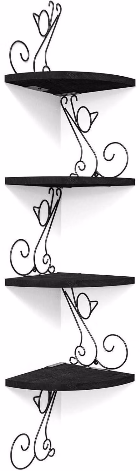 Scaffale a parete a forma di gatto, in legno massello, nero, con 4 ripiani, altezza 106 cm