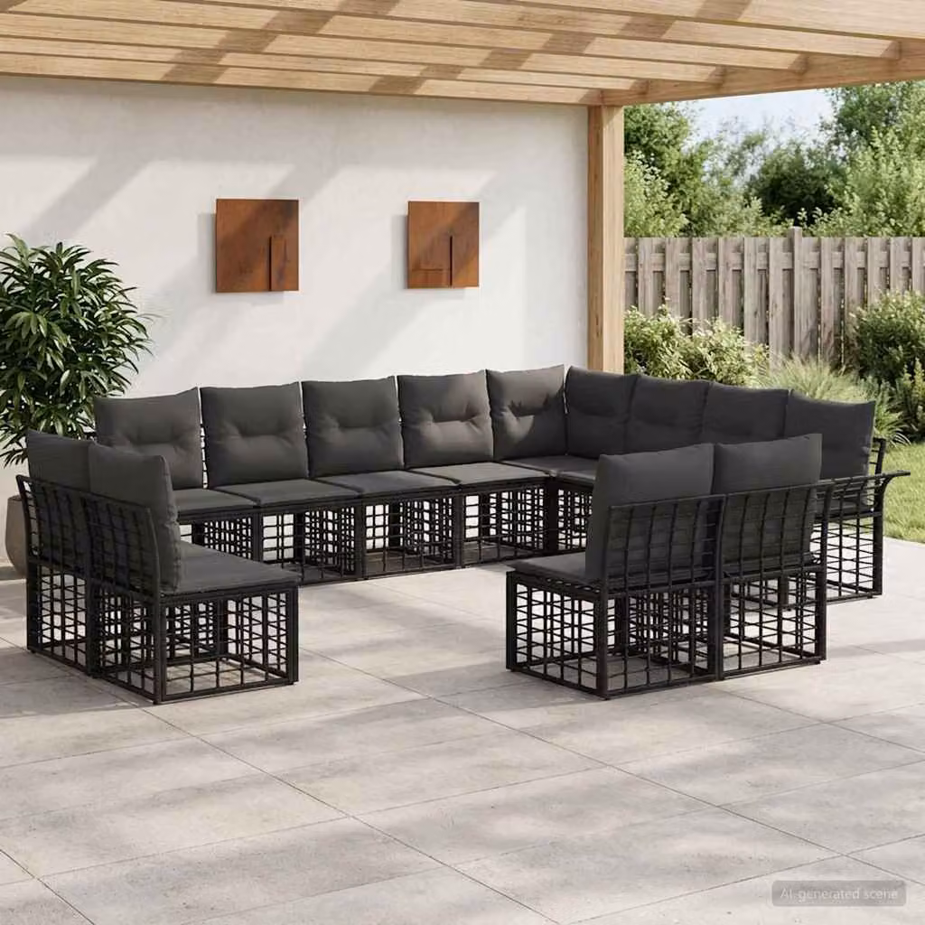 vidaXL Set di divani da esterno a forma di U composto da 12 pezzi, Nero e Grigio, con struttura in metallo e cuscini inclusi