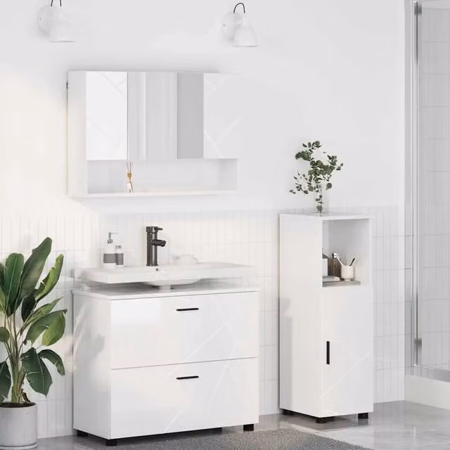 Set di mobili per il bagno moderno vidaXL in 3 pezzi Bianco Lucido L: 76,5 cm, P: 35 cm, H: 64 cm