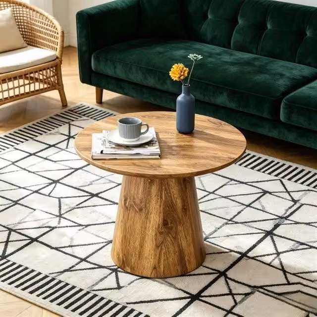 Tavolino da caffe rotondo effetto legno naturale MDF per soggiorno e balcone, tavolino compatto 50x48 cm