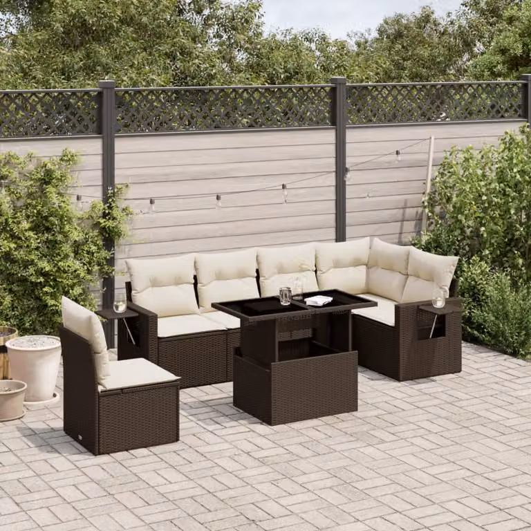 vidaXL Set Divani da Giardino 7 pz a Forma a L in Polyrattan Marrone con Cuscini e Tavolino da Esterno