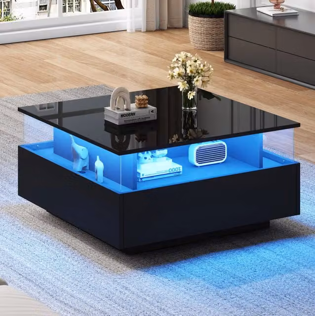 Tavolino da salotto moderno MODFU nero lucido con vano in vetro trasparente L/P/H: 70 x 70 x 41 cm