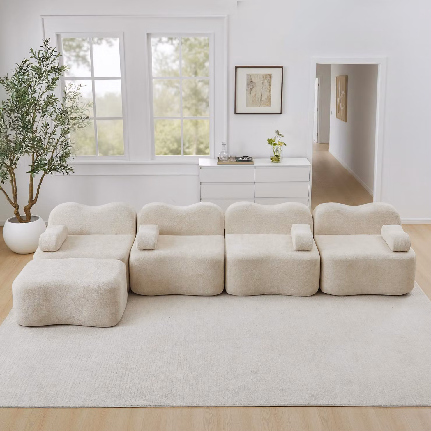 Divano angolare a quattro posti, modello "boneless", con poggiapiedi, imbottitura in schiuma 32D, design ondulato, cuscini per braccioli removibili (beige)