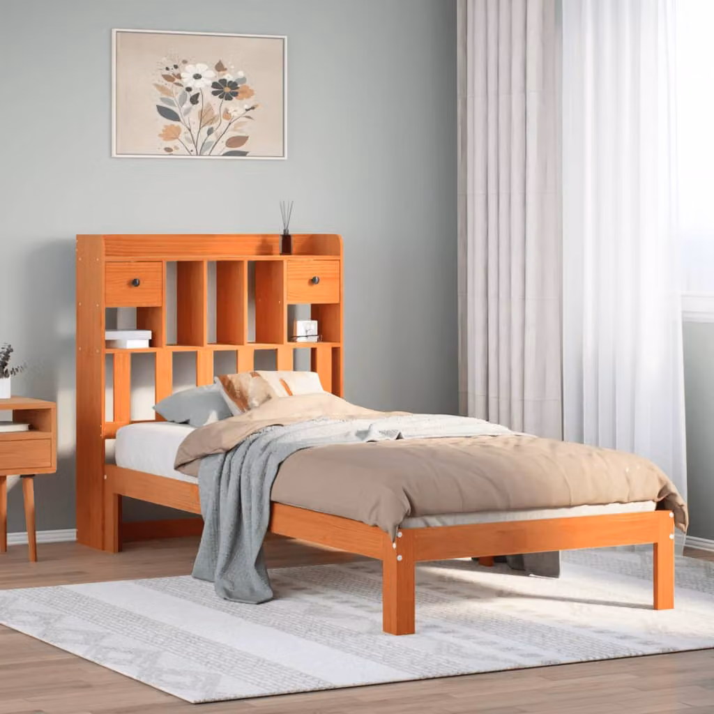 vidaXL Letto Libreria in Pino Massiccio Marrone Cera con Scaffali e Doghe L: 190 cm, P: 81 cm, H: 110 cm