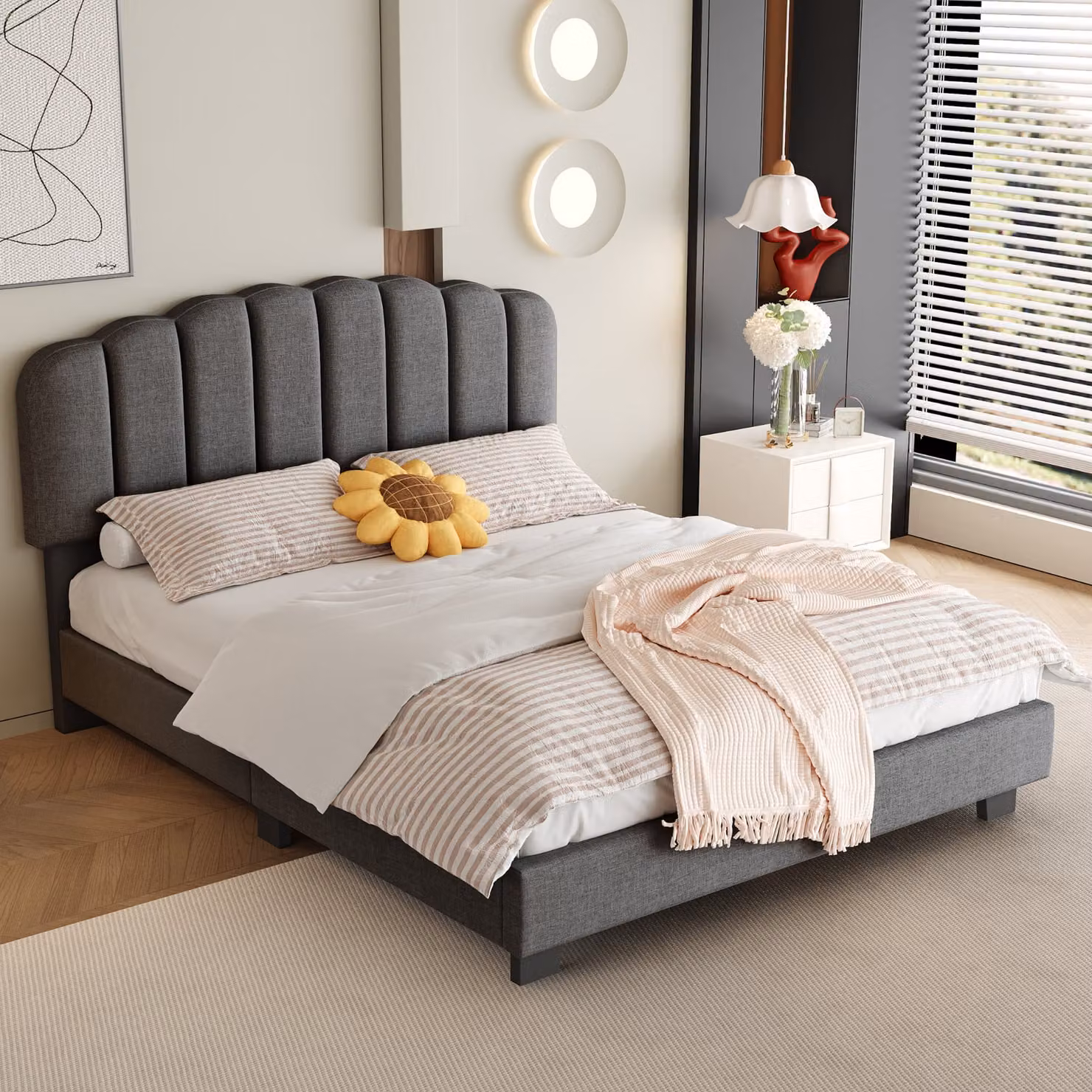 AIORBER Letto imbottito, 140 x 200 cm, Testiera regolabile, Lino, Testiera di grande effetto, con rete a doghe (senza materasso), Per camere da letto, Grigio