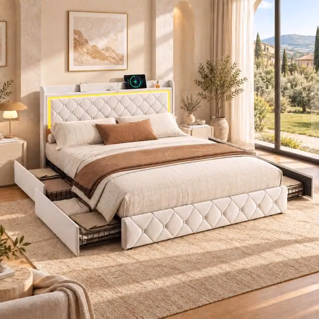 Letto Matrimoniale 140x200 cm, Letto Contenitore Imbottito con 4 Cassetti e LED, 2USB et 1Type C, Letto con Piedini, Rete a Doghe, Senza Materasso, Beige