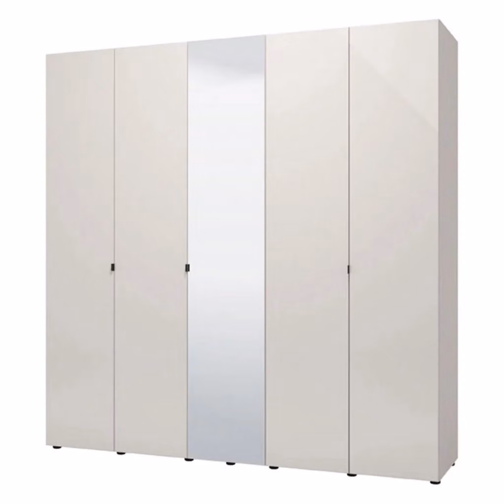 Armadio da camera da letto moderno DMORA con specchio e ripiani interni, Bianco e Beige, L: 224 cm, P: 227 cm, H: 226.5 cm – 2