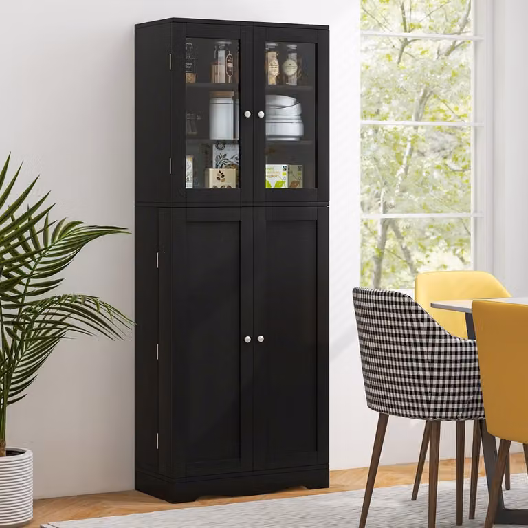 Mobile dispensa da cucina Costway con ante in vetro e ripiani, Armadio porta alimenti moderno Nero, Altezza: 161,5 cm