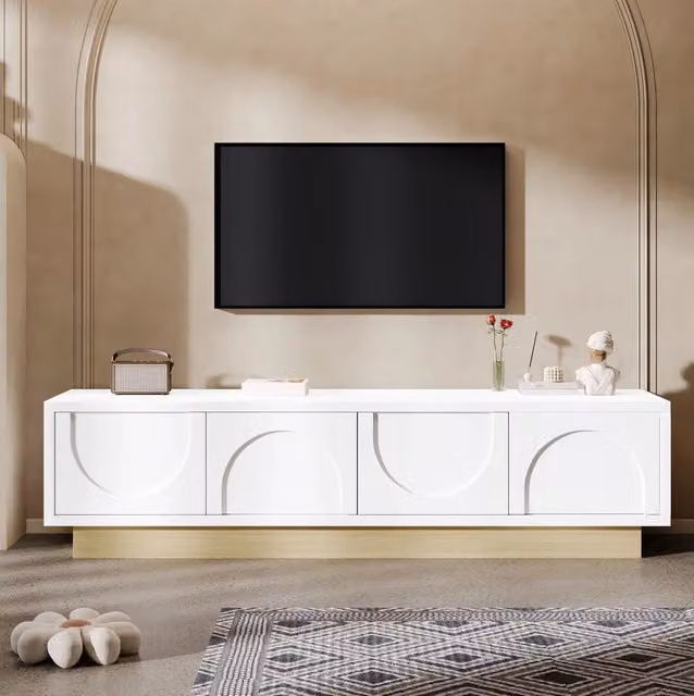 Mobile TV ULEVR 175x40x41,5 cm con 4 ante push-to-open, 2 ripiani e gestione dei cavi, bianco effetto legno