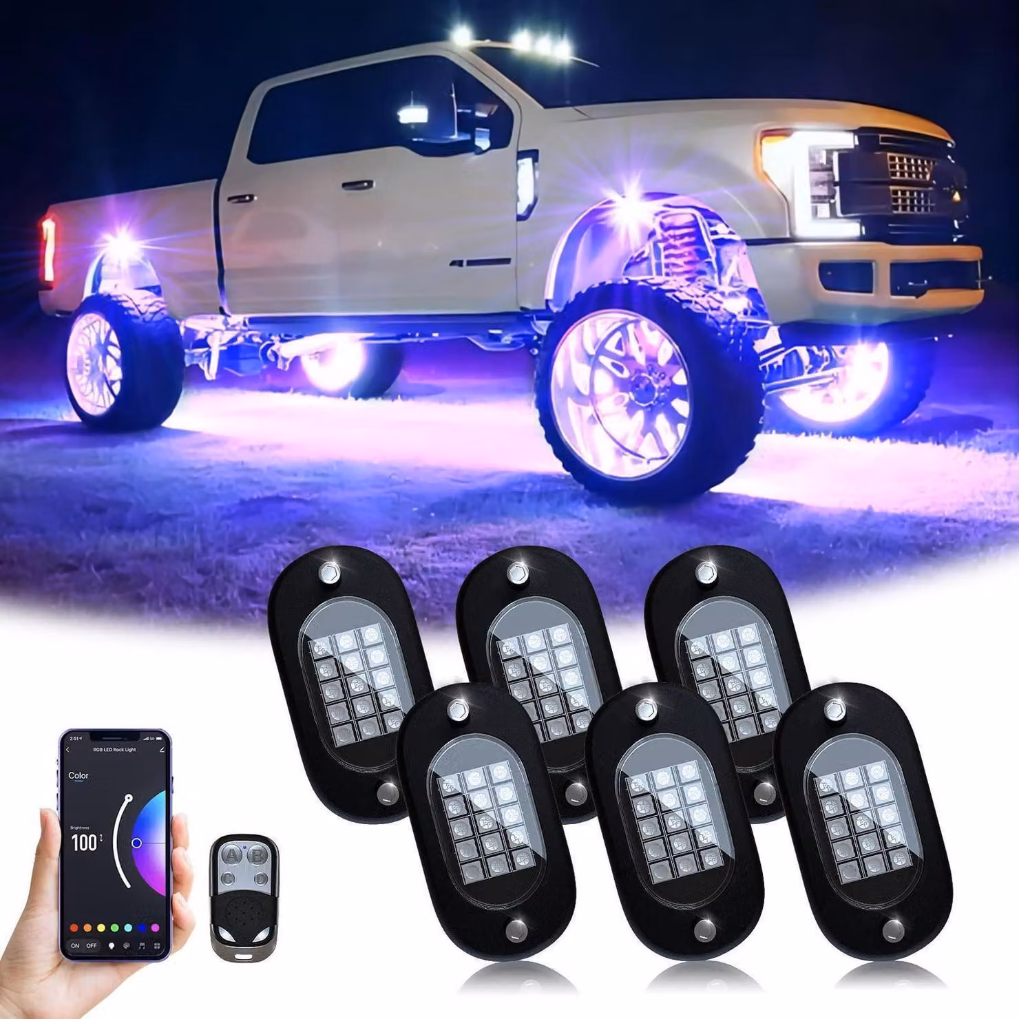 Kit di luci a LED RGB per auto, composto da 6 faretti da montare sotto il telaio, con controllo tramite app o telecomando, modalità musicale e grado di protezione IP68