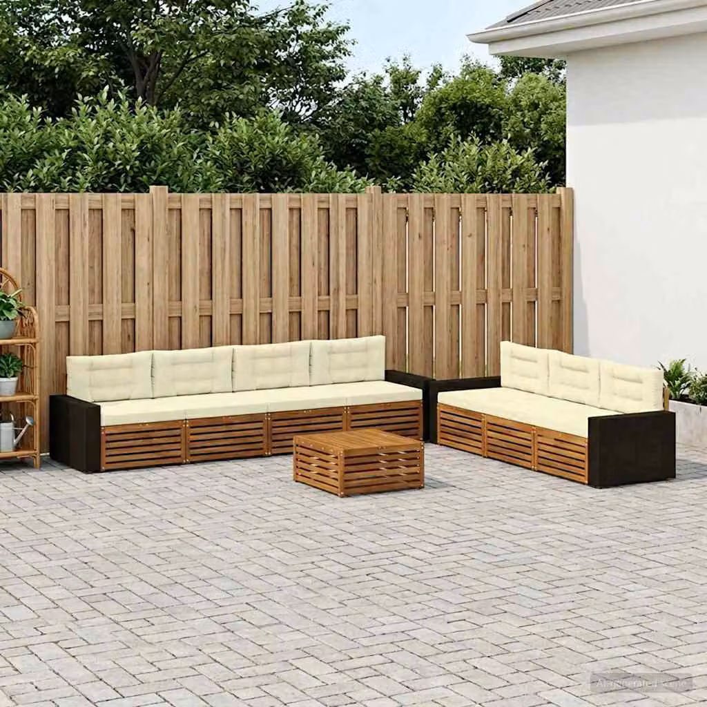 Set di divani da esterno vidaXL 8 pezzi a forma di L con tavolino, in legno di acacia e tessuto resistente ai raggi UV, colore beige e bianco