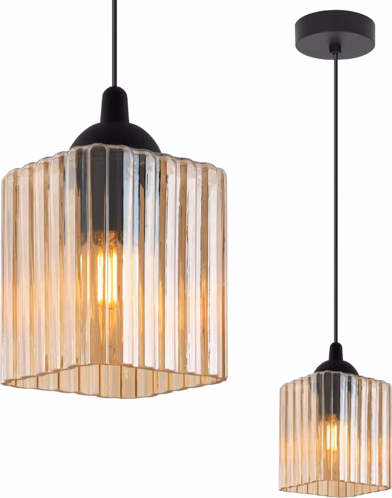 Lampada a sospensione Riffle nera a 1 luce con paralume a cubo color miele E27